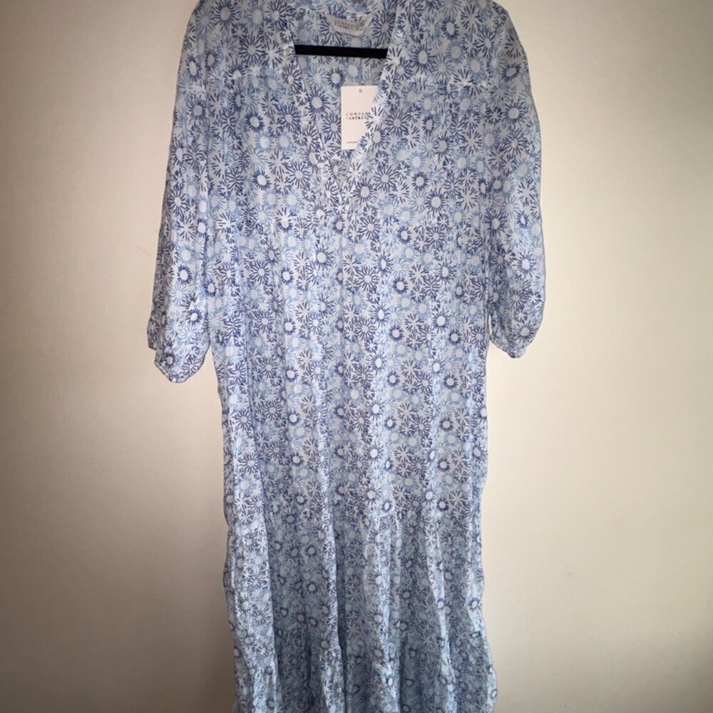 NEW NWT Compania Fantastica Maxi Tiered 100% Cotton Blue White Dress size M